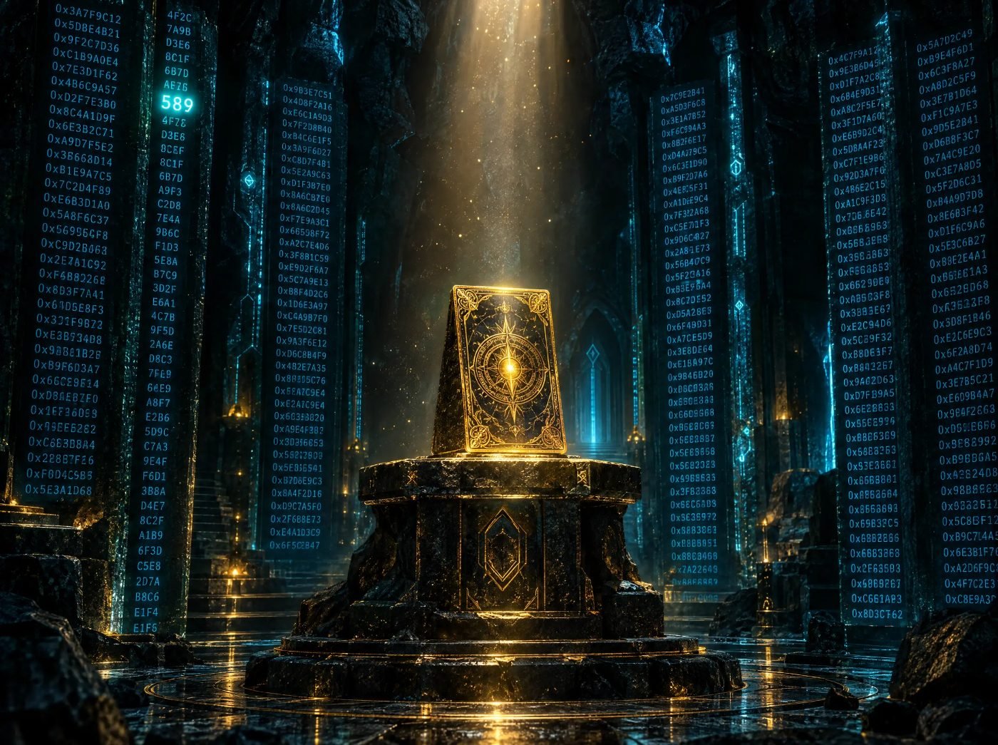 An underground vault with walls of glowing ledger numbers and a golden card on a pedestal