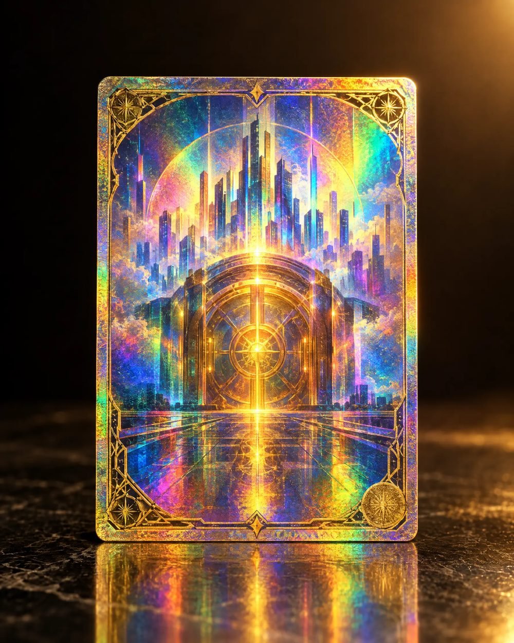 A holographic FuzzyCon promo card with a gold border