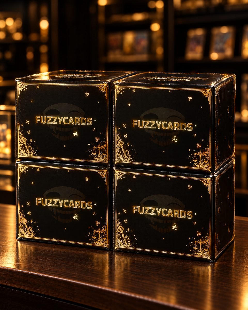A stack of four sealed black and gold Fuzzycards booster boxes on a shop counter